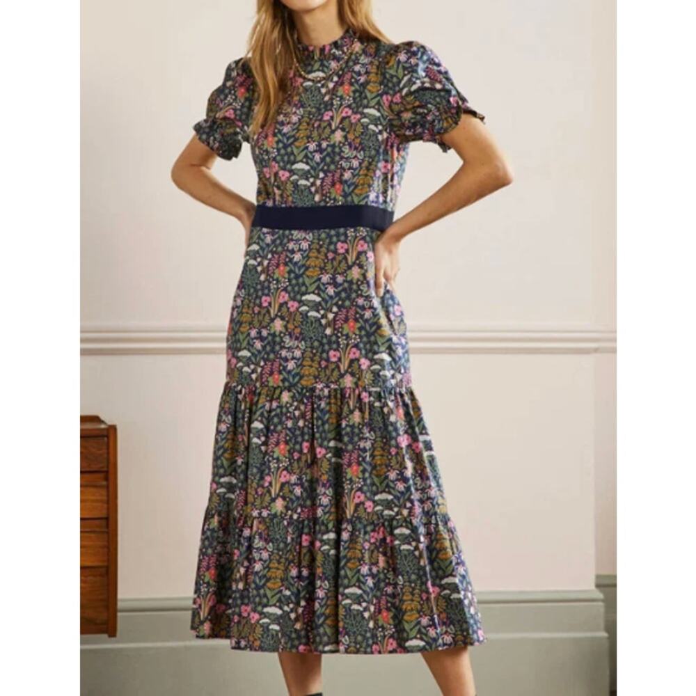 Boden Frill Neck Tiered Navy Floral Midi Dress - Size 6 (US)
